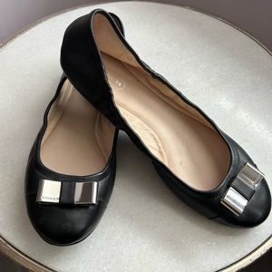 Coach, Black Leather Flats with Silver Bow, barely worn.